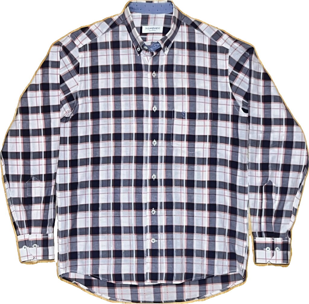 Vintage YSL Men's Plaid Shirt with Embroidered Logo and Chest Pocket